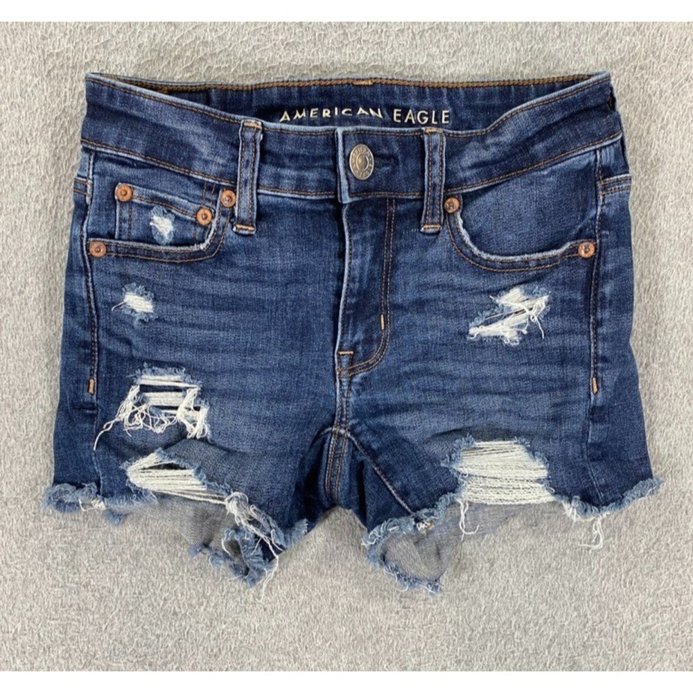 American Eagle Shorts Womens 00 Blue Midi Stretch Denim Distressed Frayed